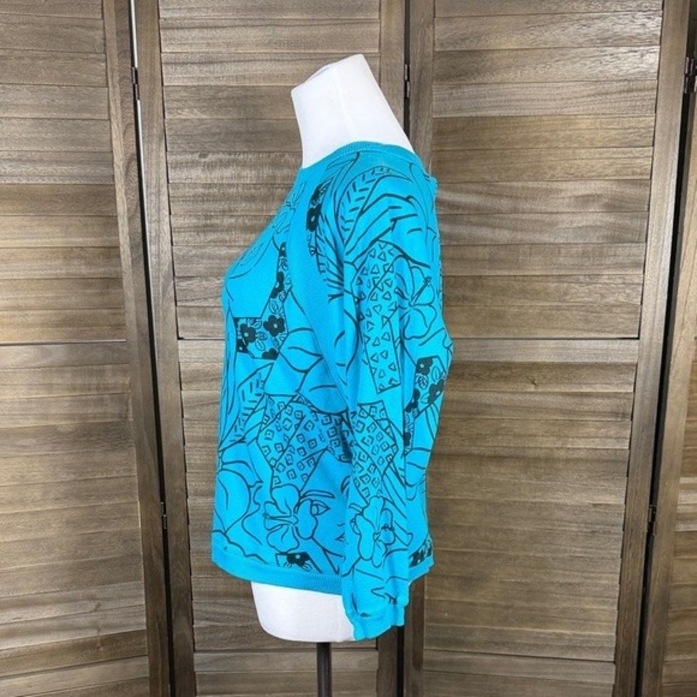 Jeanne Pierre Sweater Womens S Graphic Print Turquoise Blue Cotton Ribbed Trim - Picture 4 of 9